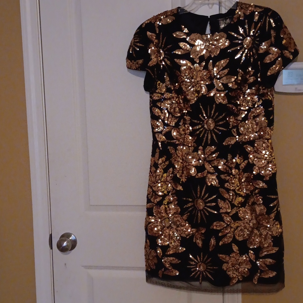 Milly Black and Gold Sheath Dress with Flutter Sleeves